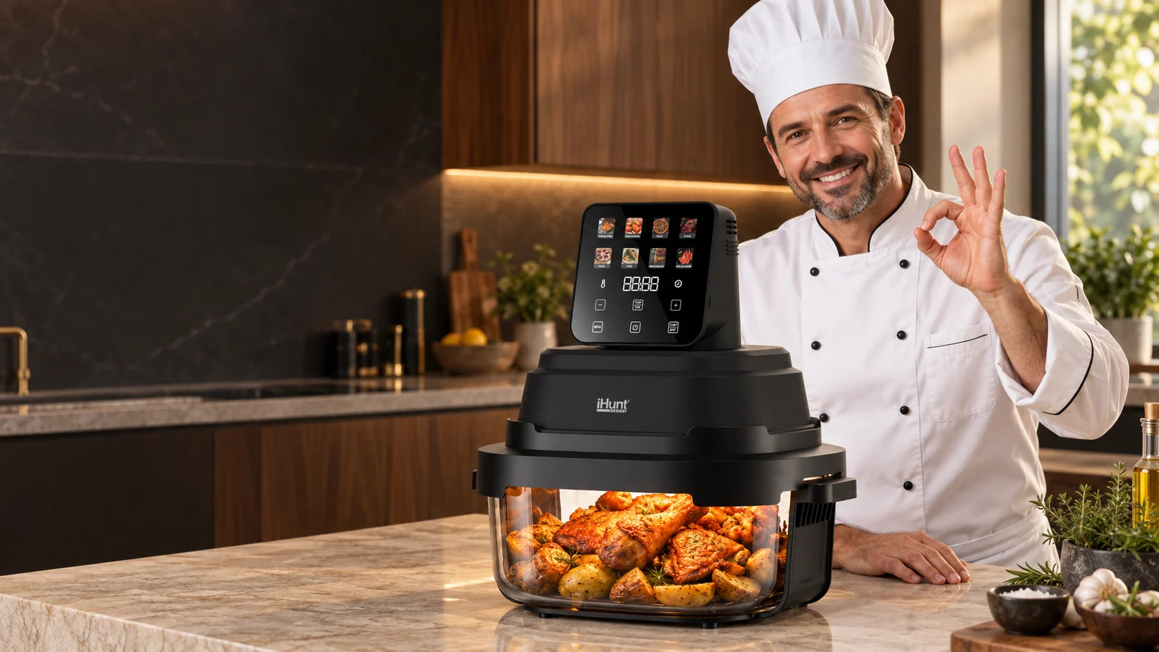 Un chef zâmbind și făcând semnul OK lângă PureGlass Crisp, într-o bucătărie modernă.